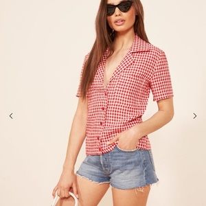 Reformation Holiday Gingham Button Up Shirt